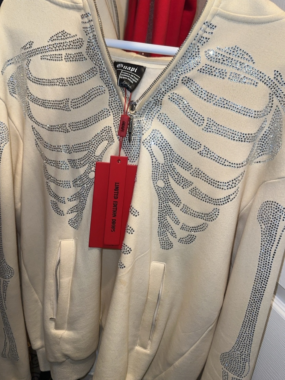 Guapi Cream Rhinestone Skeleton Zip-Up Hoodie Size L